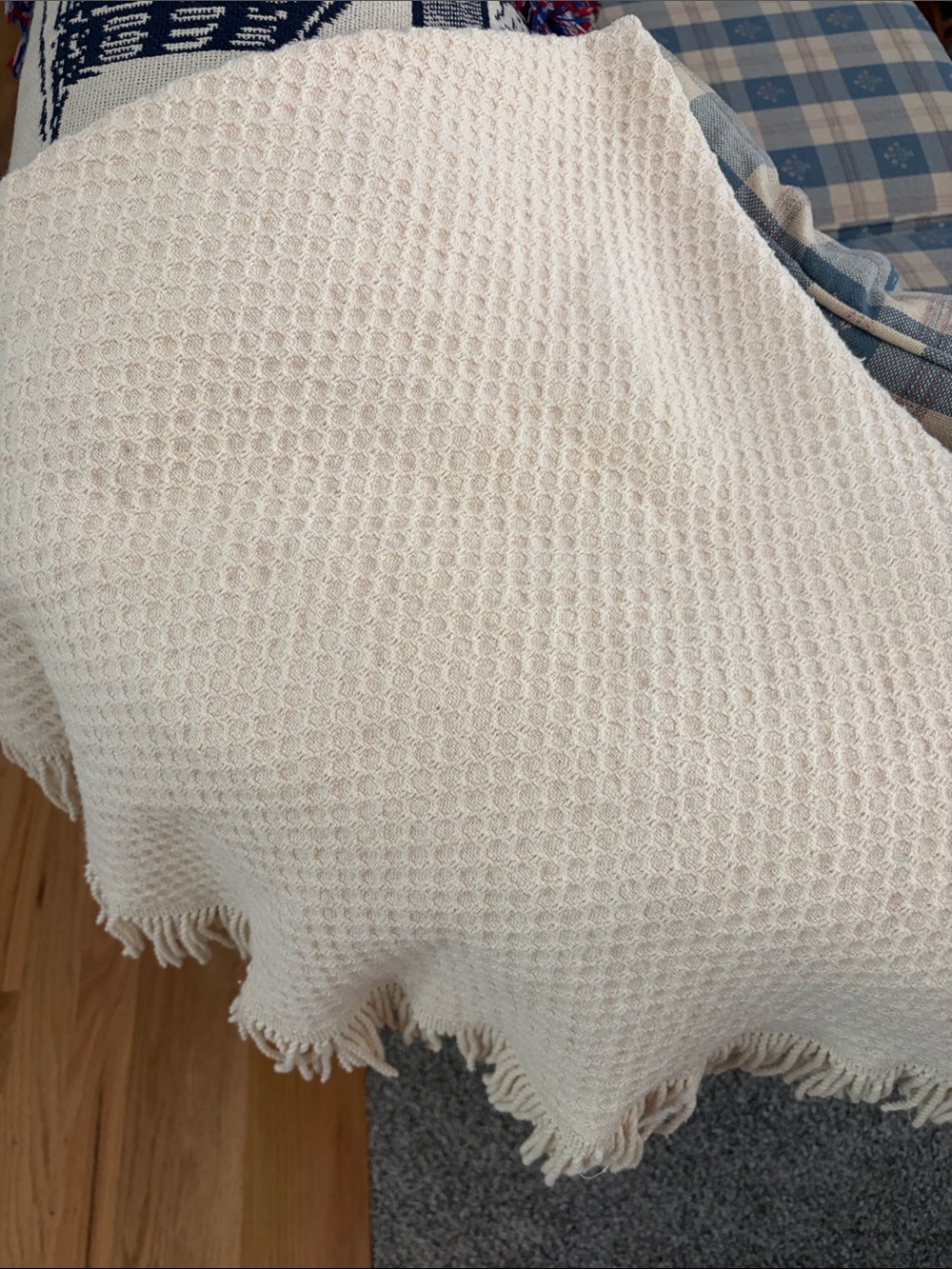 Cream Waffle Knit Table Cloth 55”across with 3 “ fringe